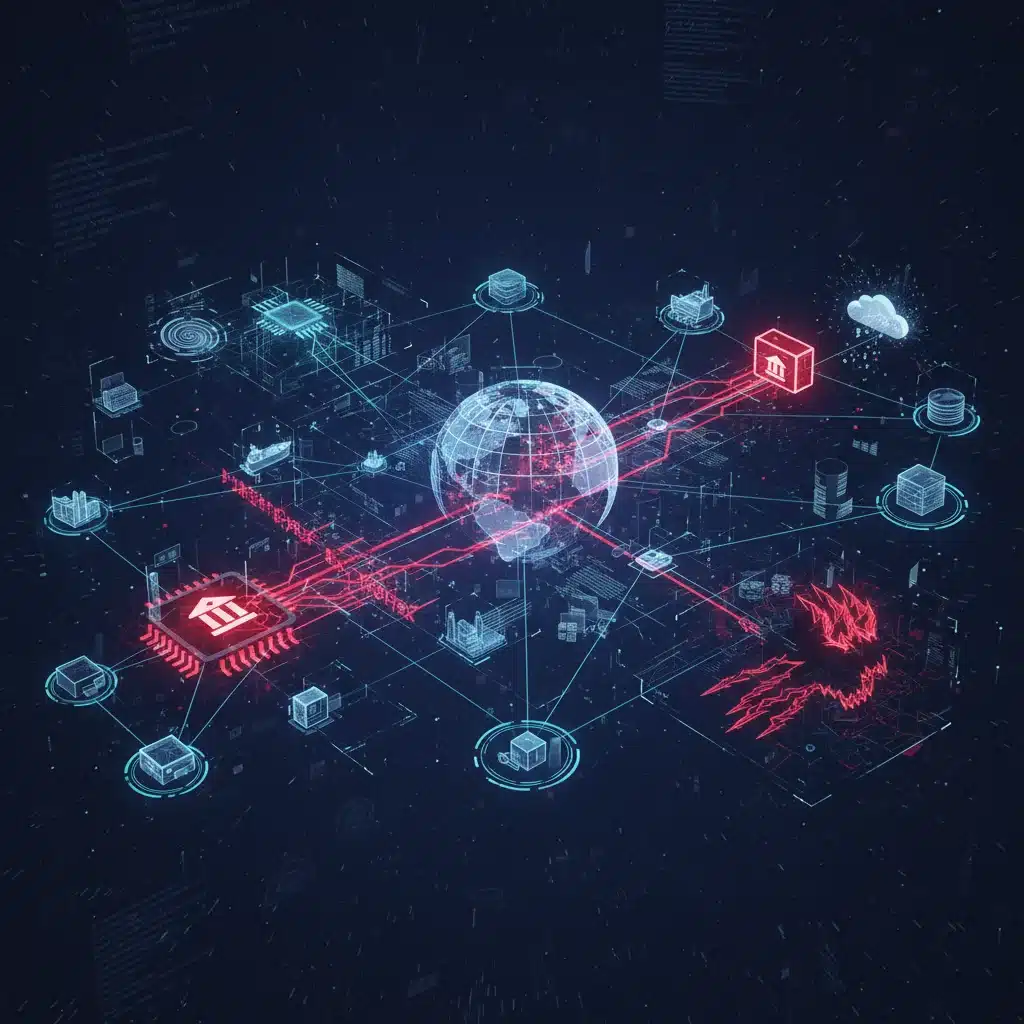 Interconnected digital supply chain showing vulnerabilities and potential cyber attack points.