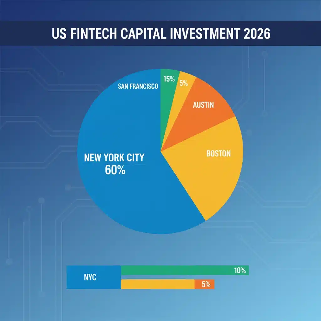 Infographic showing New York City's 2026 fintech capital flow dominance compared to other US financial hubs.