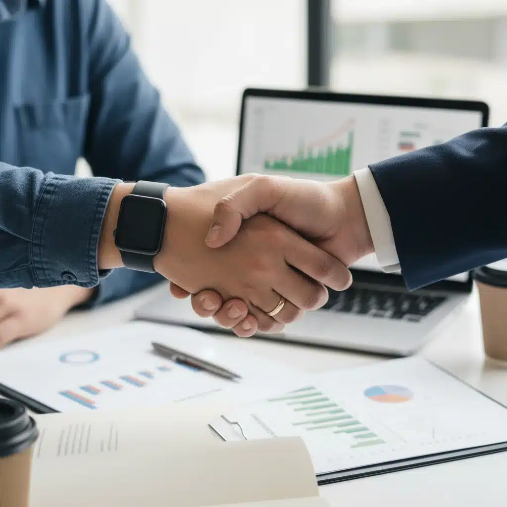 Startup founder shaking hands with a venture capitalist after securing seed funding.