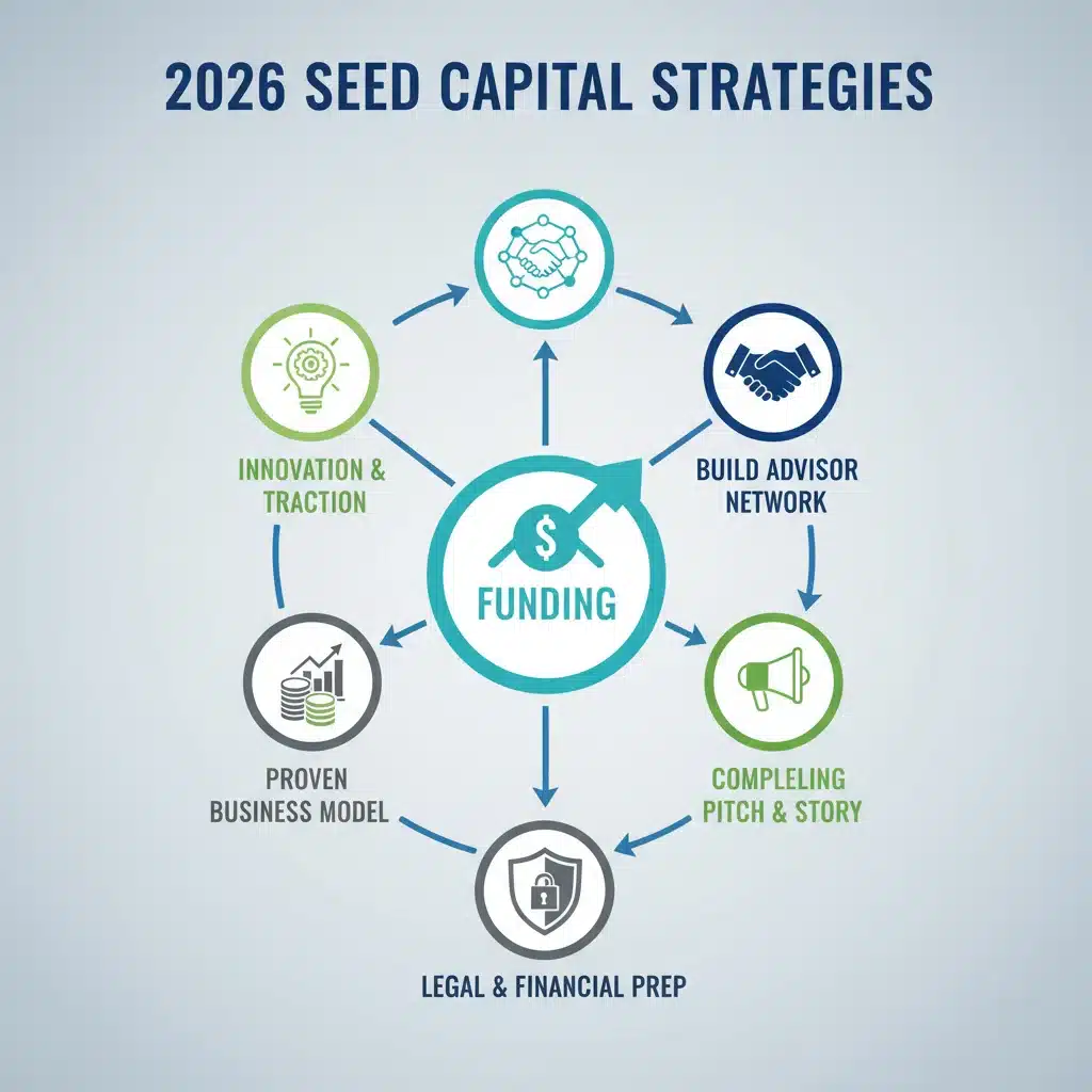 Infographic showing five key strategies for fintech seed capital acquisition.