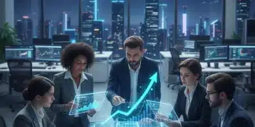 Entrepreneurs discussing fintech seed capital strategies around a holographic financial projection.