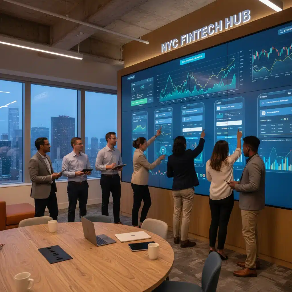 Diverse fintech professionals collaborating in a modern office, representing NYC's talent pool and innovation.