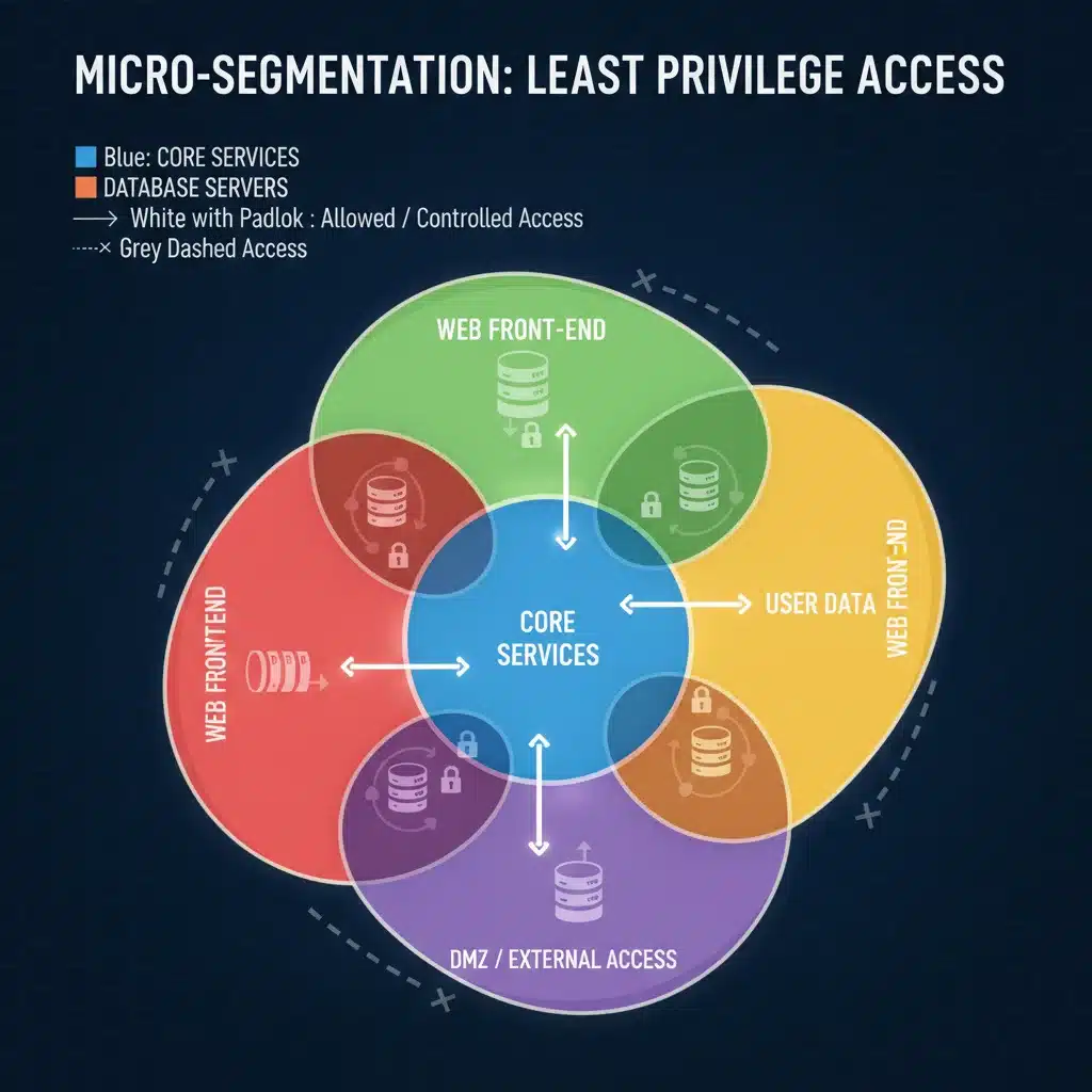 Micro-segmentation network diagram showing least privilege access in a Zero-Trust model.