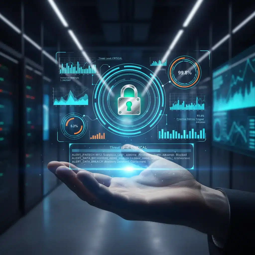 Hand interacting with digital interface showing cybersecurity metrics and a padlock, representing proactive threat defense.