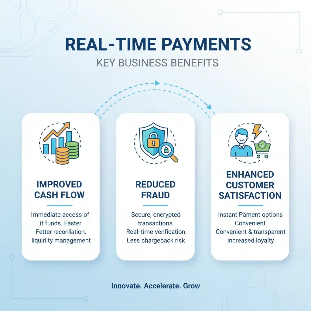 Infographic showing key benefits of real-time payments for businesses: cash flow, fraud reduction, customer satisfaction.