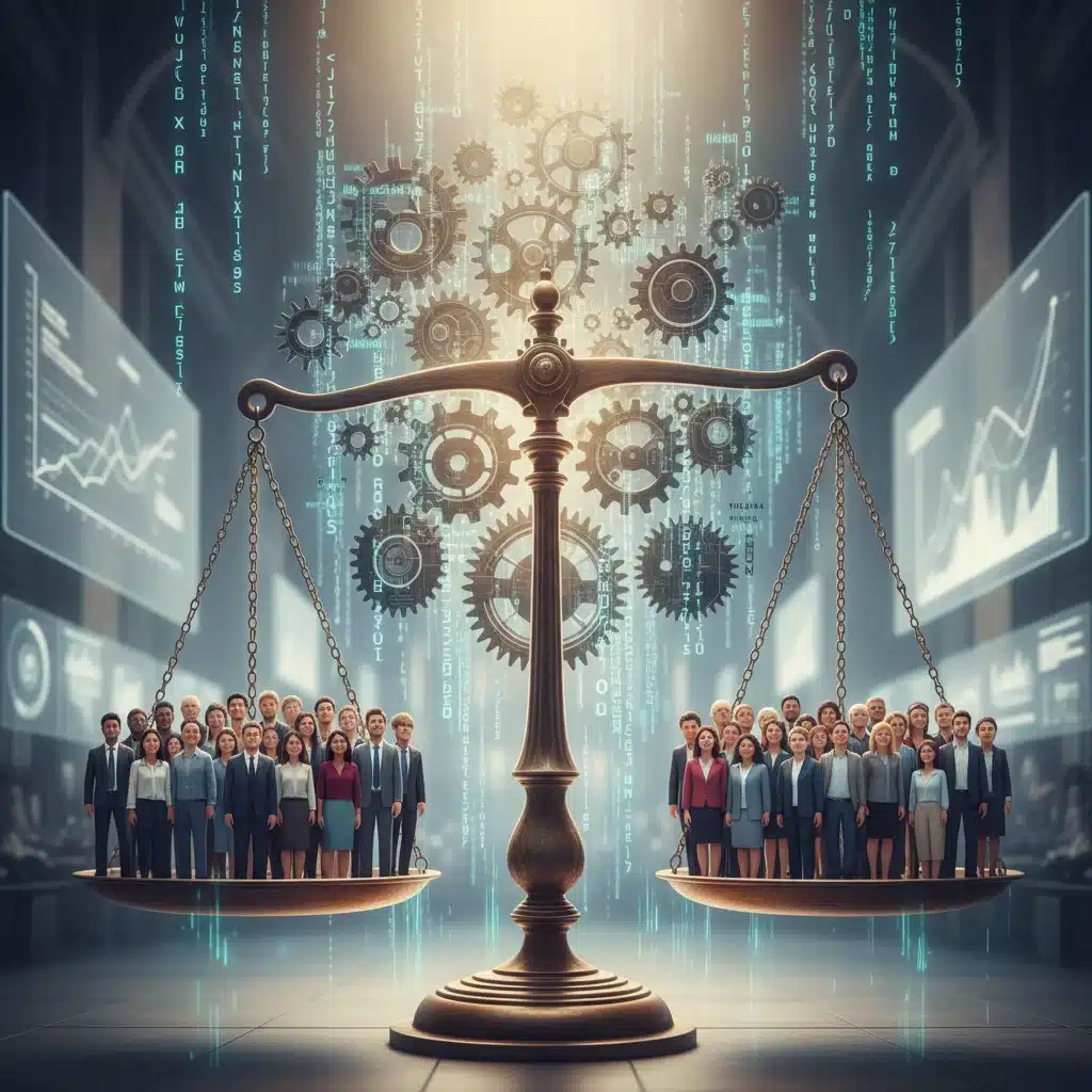 Balanced scale with diverse human figures, symbolizing algorithmic fairness and equitable outcomes.