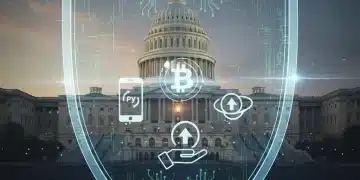Digital shield protecting fintech icons with a background of the US Capitol, symbolizing CFPB regulation.