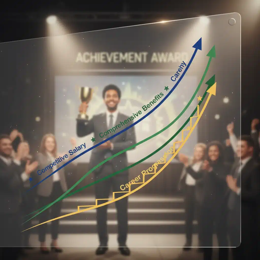 Chart illustrating competitive salaries and benefits, with an employee receiving an award.