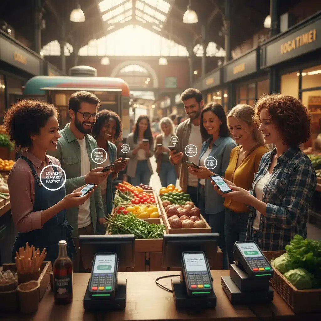 Happy customers making digital payments with loyalty rewards