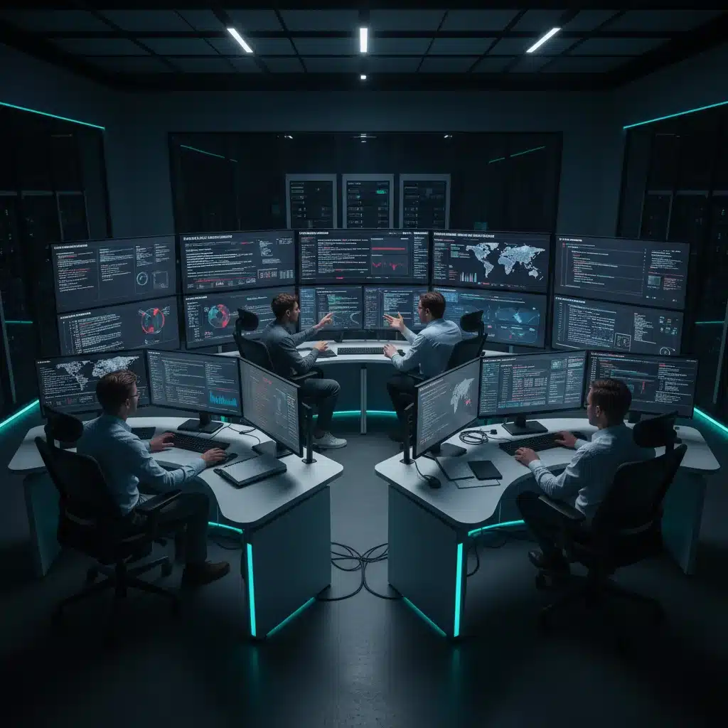 Cybersecurity team actively monitoring and responding to threats in a security operations center.