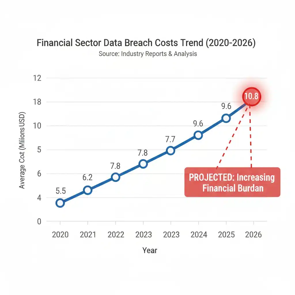 Projected increase in data breach costs for the financial sector, showing an upward trend towards 2026.