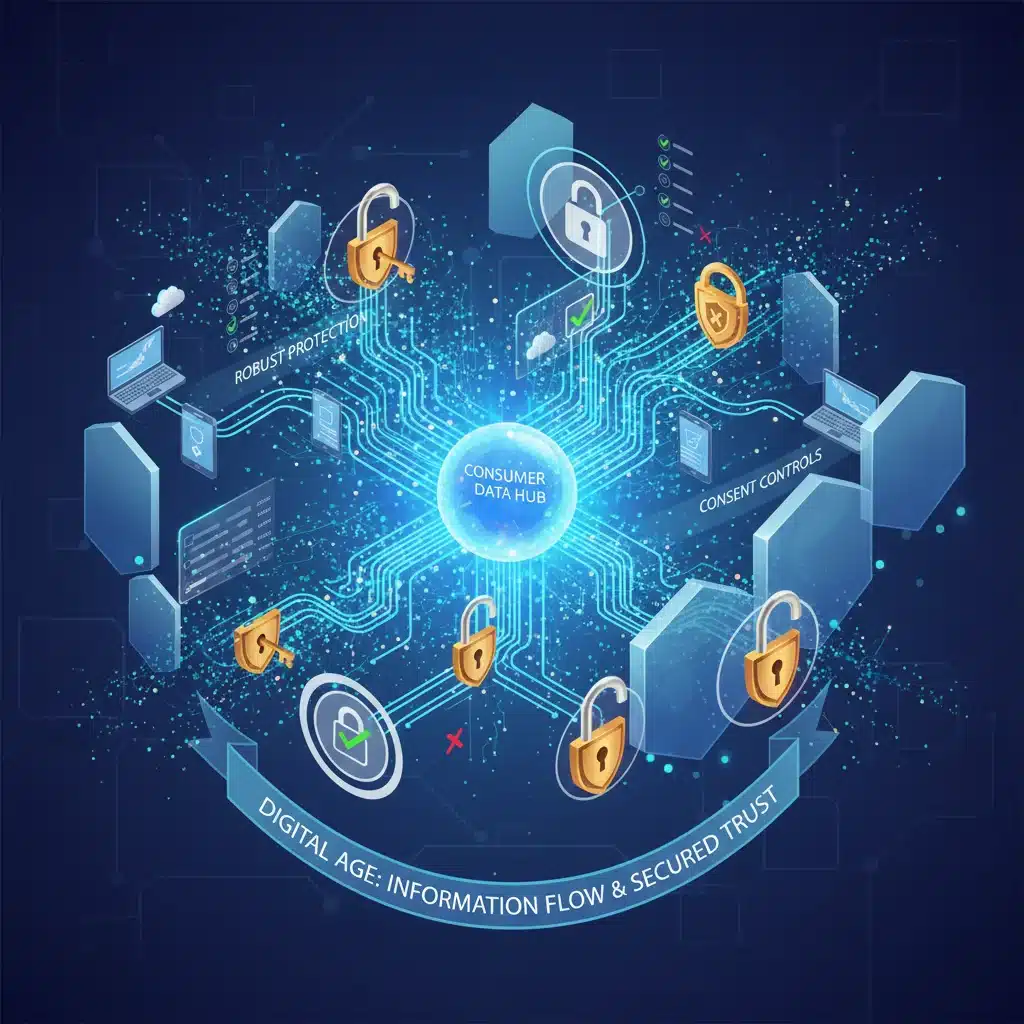 Interconnected data points with privacy locks, representing data security and consumer consent.