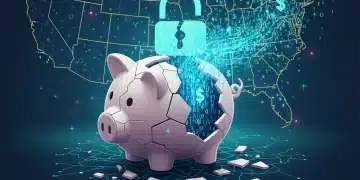 Shattered piggy bank representing financial loss from a fintech data breach in the US, with data escaping and a cybersecurity padlock.