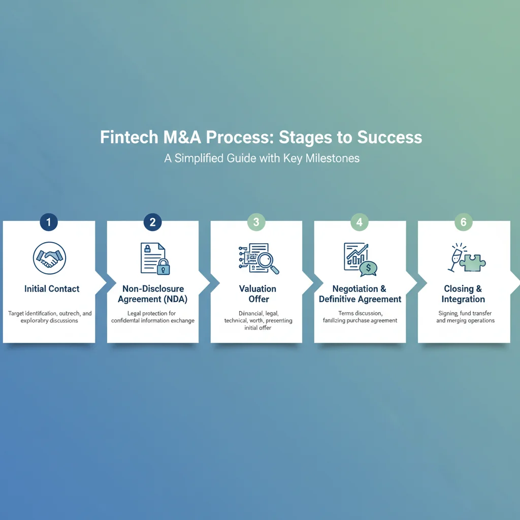 Infographic detailing the stages of a fintech M&A process, including due diligence and negotiation.