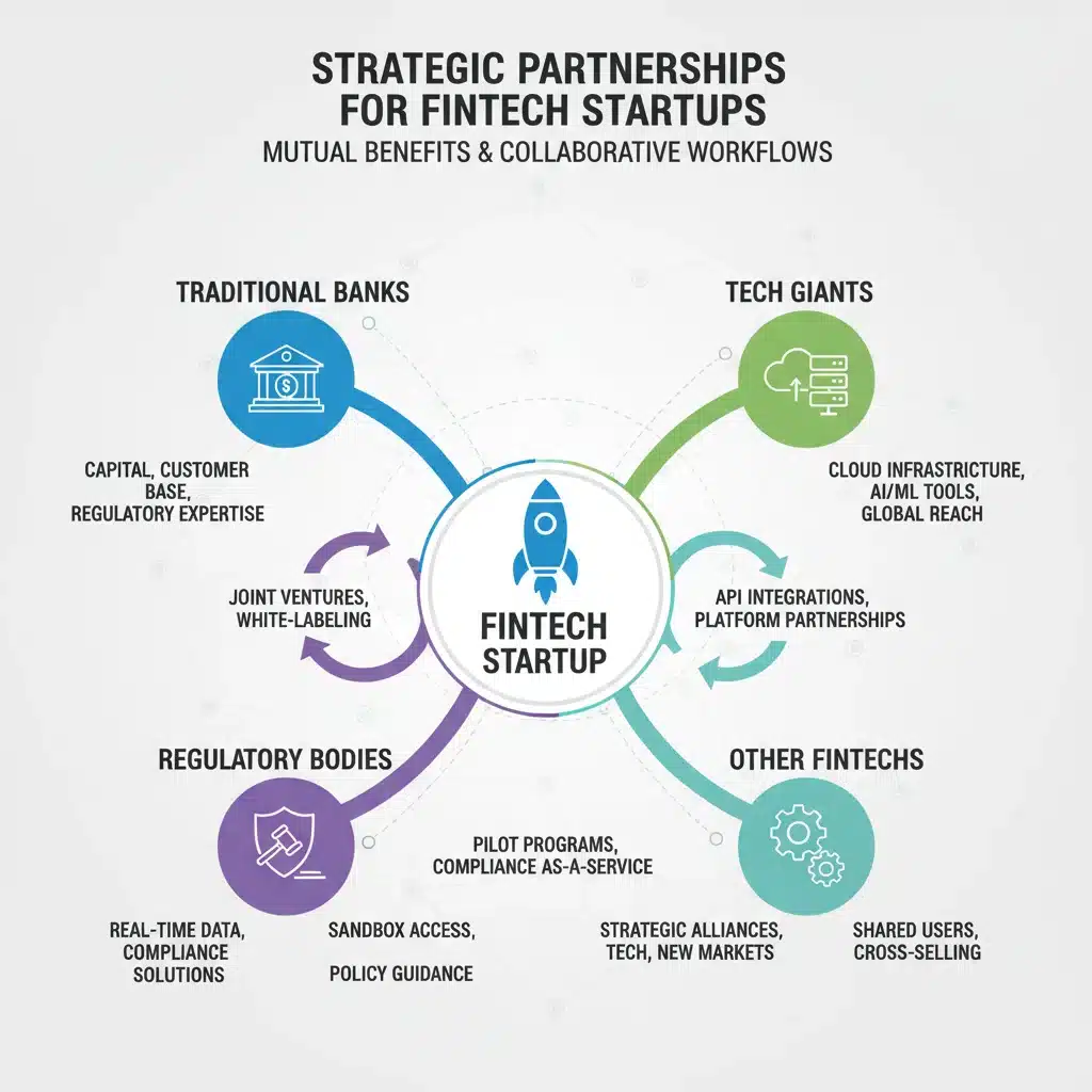 Infographic showing diverse strategic partnership types for fintech startups.