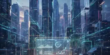 Futuristic fintech cityscape with collaborating engineers, symbolizing the competitive talent landscape.