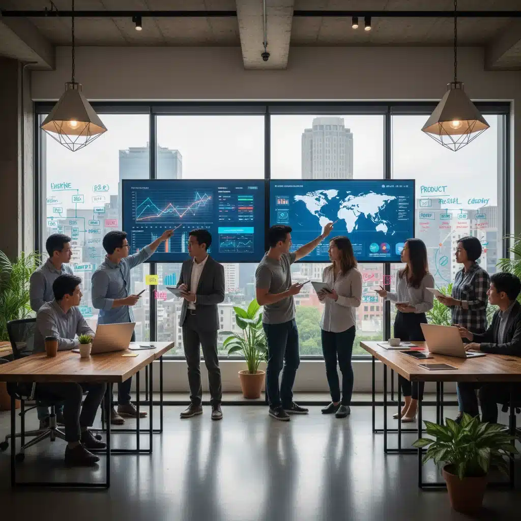 Diverse team collaborating on fintech product development and market expansion